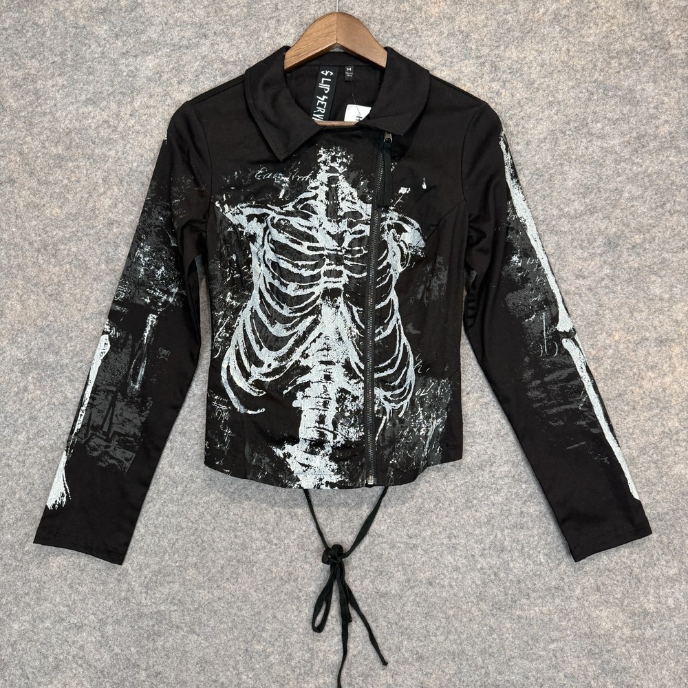 Lip Service Skeleton Moto Jacket Womens Medium Rib Skull Corset Gothic Racer Y2K - Picture 2 of 13